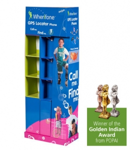 A colorful display stand for Wherifone GPS Locator Phone with the text "Call me. Find me." featuring images of kids. It includes storage slots and cleverly integrates a packaging design, showcasing three small statue awards next to the stand with the caption "Winner of the Golden Indian Award from POPAI".