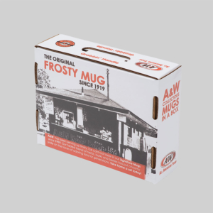 A white cardboard box with cut-out handles labeled "THE ORIGINAL FROSTY MUG SINCE 1919" and "A&W Collectors Mugs in a Box." The packaging features sharp graphics of an old A&W restaurant and text detailing the history of A&W's signature mug.