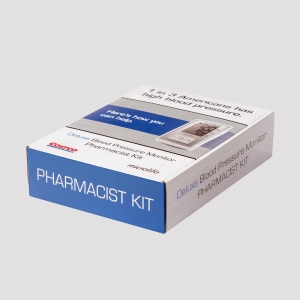 A boxed deluxe blood pressure monitor labeled "Pharmacist Kit.” The packaging features a blue and white color scheme, with the brand name "Microlife" and graphics highlighting high blood pressure statistics in the U.S. along with a callout saying, "Here's how you can help.