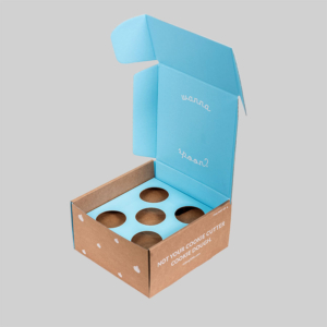 A brown cardboard shipping box with a blue interior, featuring six circular cutouts for holding items. The lid is open, displaying the playful phrase "wanna spoon?" printed inside. The sharp graphics on the exterior read "NOT YOUR COOKIE CUTTER COOKIE DOUGH." The background is gray.