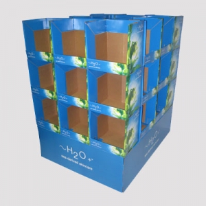 A display stand for H2O+ skincare products, comprising multiple blue and white cardboard compartments. The packaging features sharp graphics, prominently displaying the H2O+ logo and nature-themed images, ideal for retail settings to showcase the brand's products effectively.