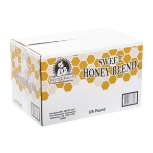 The package is a large white box labeled "Sweet Honey Blend," featuring sharp graphics with a honeycomb pattern and a logo with a chef. Distributed by Rowett, LLC, this shipping container boasts a weight specification of 6/5 pounds.