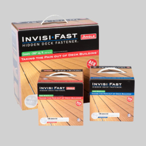 Three boxes of Invisi-Fast hidden deck fasteners are displayed against a light gray background. The largest box, with sharp graphics, indicates it covers up to 200 square feet and has red, white, and black accents. The two smaller boxes feature different sizes and similar color schemes.