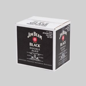 A cardboard box displaying the words "Jim Beam Black Double Aged Bourbon" prominently on the front. The label indicates the whiskey is aged 8 years. The packaging features sharp graphics on white and black panels and contains a "Golf Ball Gift Set" with six 750ml bottles of Kentucky Straight Bourbon Whiskey.