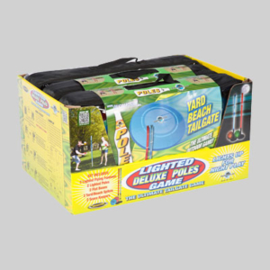 The image shows the sharp graphics on the packaging for a "Lighted Deluxe Poles Game." The box is predominantly yellow and features images of people playing the game. The text highlights that it can be used for yard or beach tailgating and includes light-up poles for night play.