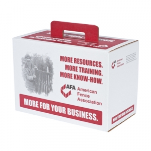 A white promotional box branded with the American Fence Association logo. The packaging features a red handle on top, and the text "More Resources. More Training. More Know-How. More for Your Business," along with an image of a person working with a fence.