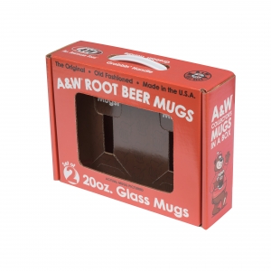 A red cardboard box, designed like a shipping container, holds A&W Root Beer mugs. The front features a transparent window revealing the mugs inside. The text on the package includes "A&W Root Beer Mugs," "Collectible Mugs," and "Set of 2, 20 oz. Glass Mugs" with sharp graphics.