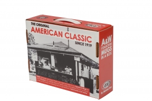 A red and white A&W package featuring the text "The Original American Classic Since 1919." The front of the box showcases vintage black-and-white graphics of an A&W drive-in. It advertises "A&W Collector's Mugs In A Box" and includes iconic A&W brand logos.