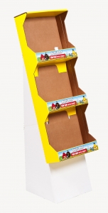 A yellow cardboard display stand featuring three empty shelves, each adorned with a banner showcasing vibrant graphics of cartoon characters from "Angry Birds" and text that reads "Angry Birds, Fun Time with Candy!" The display is angled and positioned against a plain white background, resembling an enticing package.