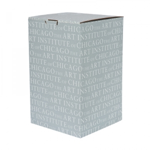 A tall, rectangular package with a pattern of white text on a light gray background, repeatedly displaying the phrase "INSTITUTE OF THE ART OF CHICAGO." The packaging has a closed top that is slightly open at the edges.