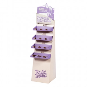 A beige and purple display stand labeled "Bada Beans" with additional text "Customize Your Coffee!" It features five small tilted shelves for holding products, perfect for showcasing your coffee subscription box. The stand promotes customizing coffee with different flavors, ideal for a retail environment.