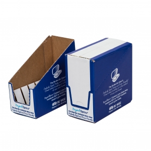 Two blue and white cardboard holders are shown. The holder on the left is open with dividers for item organization, while the one on the right is closed. Both feature sharp graphics and printed text related to eyewear care, along with branding on the front, making them ideal for a subscription box.