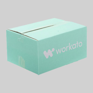 A light blue rectangular cardboard box with the Workato logo and name, displayed in crisp white text on its side. The packaging is securely sealed with tape, ready for shipment. The background is a plain grey, emphasizing the sharp graphics on the box.