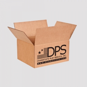 A brown shipping container is open with flaps spread out. The side of the box features a logo for Dramatists Play Service, Inc. (DPS), with sharp graphics of a star design and the website "www.dramatists.com". The box is empty and the background is plain white.