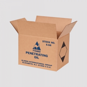 A cardboard box with its top flaps open, doubling as a shipping container. The box is labeled "PYRAMID PENETRATING OIL" and "STOCK NO. S-66," featuring sharp graphics of a pyramid with a camel inside, and the contact information for Elibon International Group, Elizabeth, N.J. 07206 U.S.A.