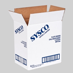 A white cardboard box with "SYSCO Supplies & Equipment" printed in blue on the front and sides. The box is open, revealing its brown inner flaps. Sharp graphics indicate the package contains plastic brown oval bread baskets. A barcode is visible at the bottom.