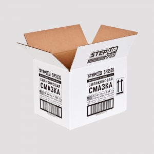 An open white cardboard box labeled "STEP UP SP5539" in both English and Russian, containing sharp graphics and text. The box, resembling a compact shipping container, is placed against a plain gray background and displays various barcodes, symbols, and instructions on its surface.