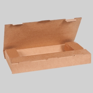 A brown cardboard box with its lid open, revealing an empty interior. The shipping container has cutouts and slots likely for holding items securely in place. The background is plain and light gray.