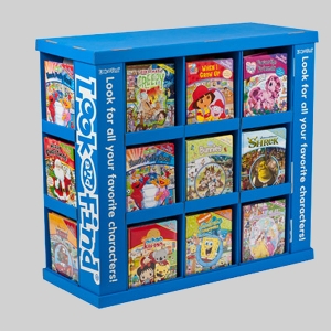 A blue display case containing nine "Look and Find" books, each featuring different characters and themes on the covers. The books are arranged in a 3x3 grid. The side of the packaging has sharp graphics with text reading, "Look for all your favorite characters!