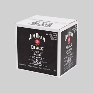 A 750ml package of Jim Beam Black Double Aged Kentucky Straight Bourbon Whiskey is shown. The cardboard box label indicates it is aged for 8 years. The design features sharp graphics in black with white and red text. The box also mentions a golf ball gift set.