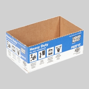 An empty rectangular heavy-duty cardboard box for Liquid Nails Fuze-It adhesive. The box, designed for use as a shipping container, features sharp blue and white graphics with product icons that highlight low odor, solvent cleanup, and extra strength. It is open at the top and shown on a plain background.