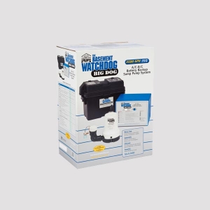 The image shows a product box for "The Basement Watchdog Big Dog DC/AC Battery Backup Sump Pump System." The cardboard box features sharp graphics of the sump pump, a control panel, and its battery backup unit. The packaging highlights "3500 GPH" in large print as a key feature.