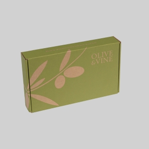 A rectangular, olive-green cardboard package with the text "OLIVE & VINE" on the top right corner. The packaging features a simple illustration of an olive branch, with leaves and olives, printed in a lighter shade of green.