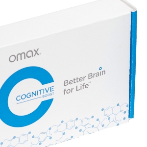 Close-up of a blue and white shipping box for "omax Cognitive Boost." The text "Better Brain for Life" is prominently displayed next to a large letter "C" and the words "COGNITIVE BOOST." The packaging features a hexagonal pattern near the bottom edge with sleek graphics.