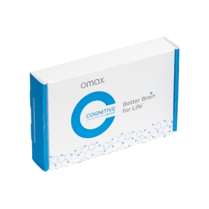 A white and blue rectangular box with the label "omax. COGNITIVE BOOST Better Brain for Life." The design features sharp graphics, including a large "C" and a pattern of connected dots and lines at the bottom, representing molecules or neural networks—a striking subscription box awaiting delivery.