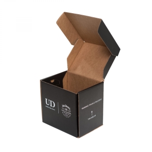 A black cardboard box with an open lid, revealing the brown interior. The packaging features the text "UD" and "Extrabond" on the front, along with symbols indicating it is fragile and should be handled with care. This shipping container is photographed against a plain white background.