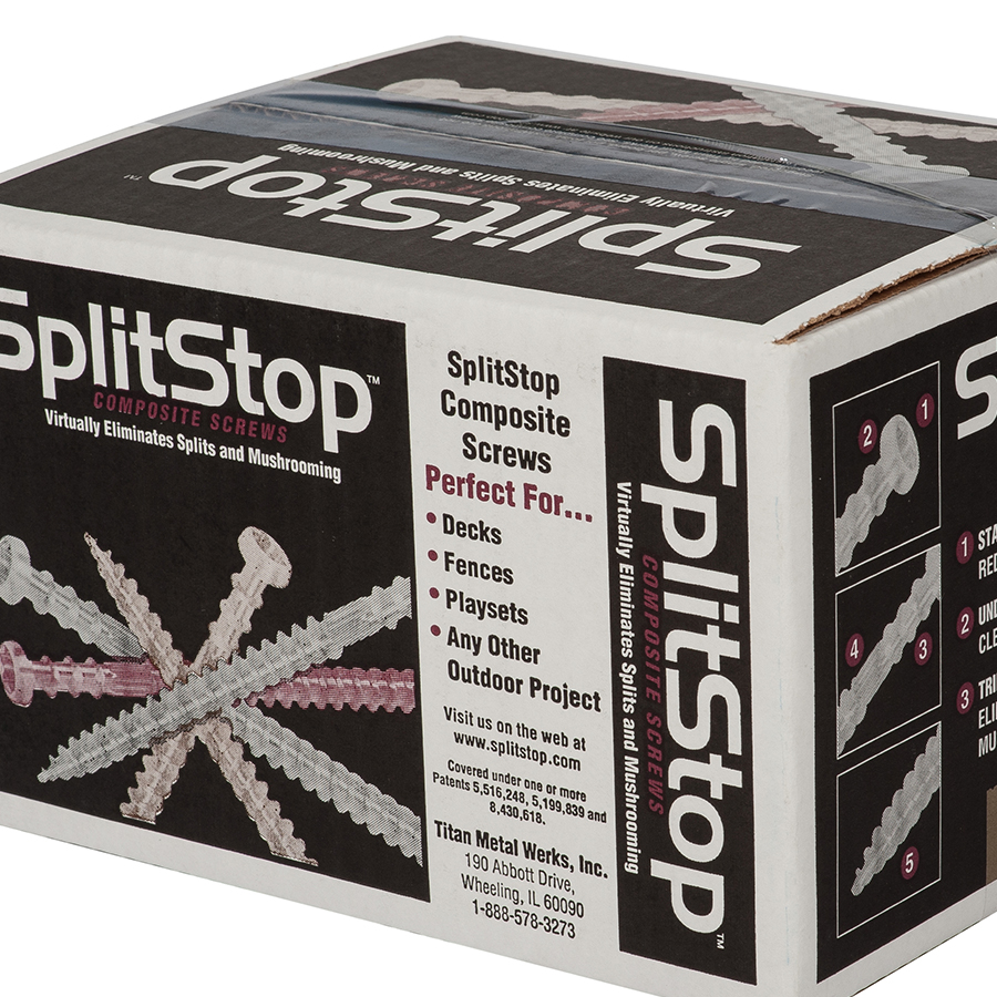 A cardboard box of SplitStop Composite Screws featuring sharp graphics of the screws and text indicating their uses for decks, fences, playsets, and any outdoor projects. The box highlights the screws' ability to virtually eliminate splits and mushrooming.