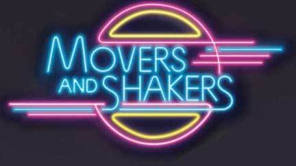 Neon sign featuring the phrase “Movers and Shakers” in blue, surrounded by neon lines in pink and yellow with an art deco style design. The background is dark, making the sharp graphics and neon colors stand out vividly.