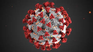 A close-up, 3D-rendered image of a coronavirus particle features sharp graphics. The sphere is covered in red spike proteins and has a textured, uneven surface colored in shades of gray. The dark gray background highlights the virus's detailed structure.