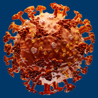 Illustration of a coronavirus particle against a blue background. The round virus is depicted with orange and red spike proteins protruding from its surface, giving it a spiky appearance. The textured surface exhibits a variety of colors and shades, resembling intricate packaging graphics.