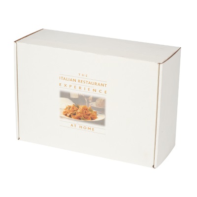 White rectangular package displaying "The Italian Restaurant Experience at Home" with an image of a pasta dish on the front. The packaging, adorned with sharp graphics, is sealed and placed against a plain white background.