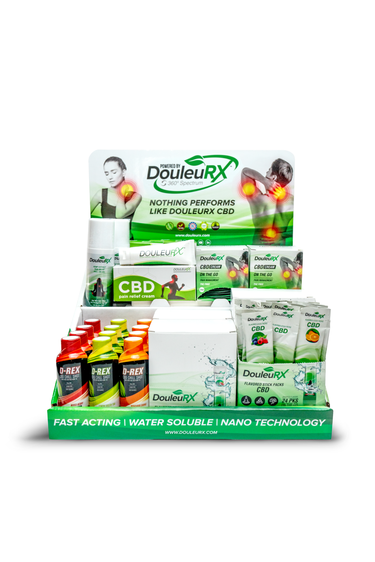 A display stand of DouleurRX CBD products, featuring various items including creams, sprays, and supplements. The stand boasts graphics with prominent branding and text: "Nothing performs like DouleurRX CBD." The base highlights, "Fast Acting, Water Soluble, Nano Technology.