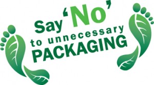 Green text reads "Say 'No' to unnecessary PACKAGING" with 'No' and 'PACKAGING' emphasized. Surrounding the text are sharp graphics of green leaf and feet illustrations, symbolizing eco-friendly practices and reducing waste. The image advocates for minimal or sustainable packaging.