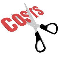 A pair of scissors is cutting through the word "Costs," symbolizing cost reduction or cutting expenses. The word is written in bold red letters, and the scissors have black handles with shiny metal blades, slicing through a cardboard box to emphasize savings on packaging.