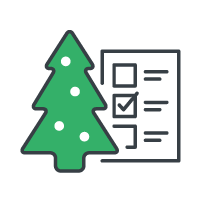 A simple icon of a green Christmas tree with white ornaments next to a checklist with five items, the second of which is marked with a checkmark. The image, rendered in sharp graphics, suggests holiday planning or preparation.