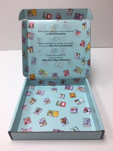 An open cardboard box lies flat with a pastel blue interior. The insides are printed with various small illustrations of books and dice in sharp graphics. Text instructions encourage users to tag their photos, refer friends, and leave a review, with URLs provided for more information.