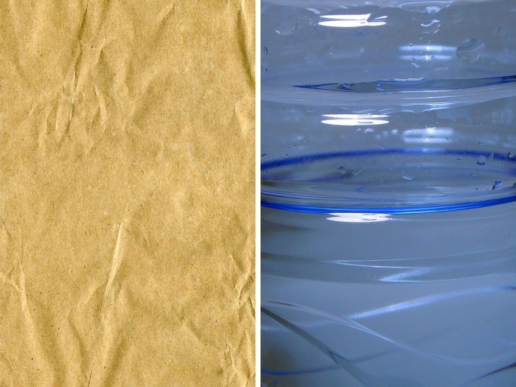 A split image: on the left, a wrinkled sheet of brown paper with a rough texture resembling rustic packaging; on the right, the side of a clear blue plastic water bottle with spiral ridges, reflecting light like modern graphics.