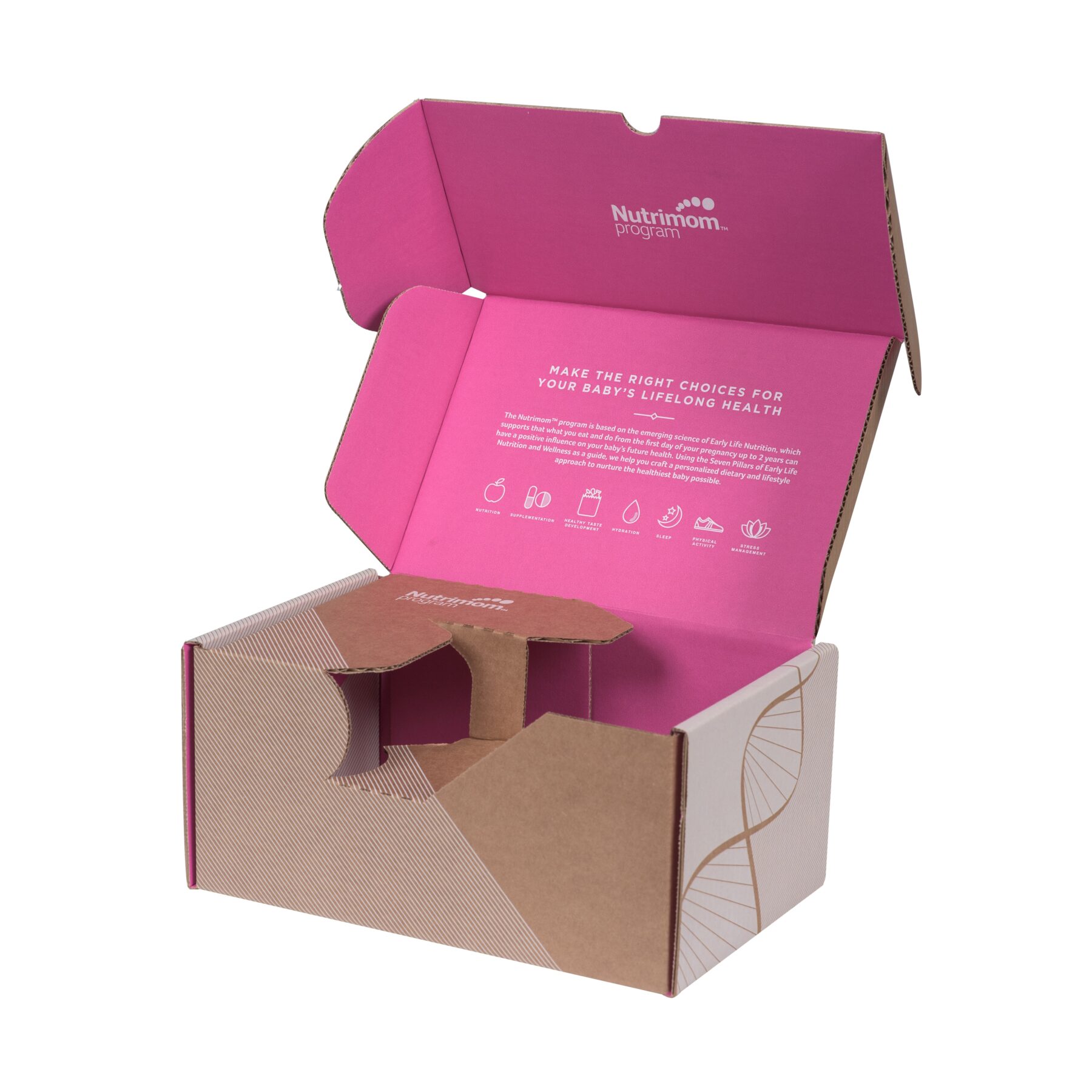 A cardboard box with a partially open lid reveals a pink interior adorned with text and icons. The exterior features a simple line design, sharp graphics, and the Nutrimom logo. This packaging includes tips for baby health, highlighting a comprehensive nutritional program.