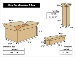 A sharp graphic titled "How to Measure A Box" features three package types: Standard Box (16" x 12" x 8"), Tall Box (4" x 4" x 12"), and Long Box (12" x 4" x 4"). Measurements (L x W x H) with arrows display dimensions and flaps on each packaging box for reference.