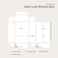 Dieline of cardboard box design for assembly. Includes labels for various panels such as front, back, and sides, as well as markings for crease lines, cutting lines, and perforations. Glue areas are indicated in blue to ensure precise packaging instructions.