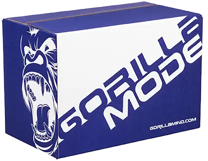 A blue box featuring the text "Gorilla Mode" in white, accompanied by an illustration of a roaring gorilla head, resembles sleek packaging. The website "gorillamind.com" is printed on the side.