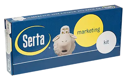 A blue subscription box labeled "Serta marketing kit" featuring a cartoon sheep with wide eyes in the center. The Serta logo is on the left side in white and yellow.