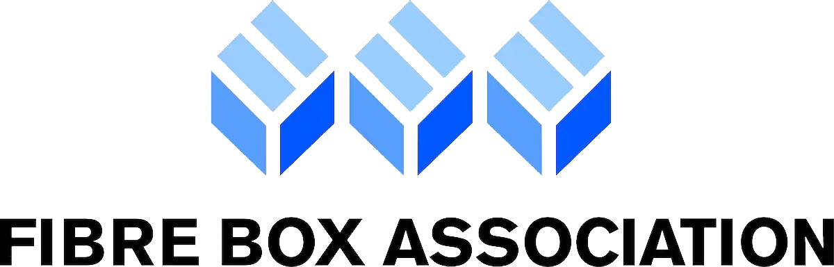 Logo of Fibre Box Association. It features three stylized, blue and white geometric shapes resembling open boxes, aligned in a row. Below the shapes, the words "FIBRE BOX ASSOCIATION" are written in bold, black capital letters, showcasing sharp graphics representative of packaging precision.