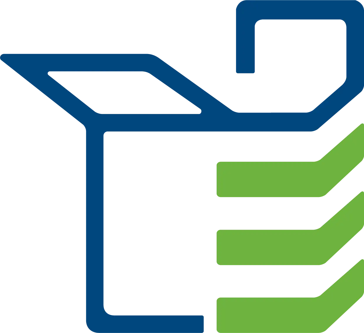 A blue outlined open box with green horizontal lines to its right, resembling a stack of paper or books, forming a simplistic, abstract logo design reminiscent of packaging.