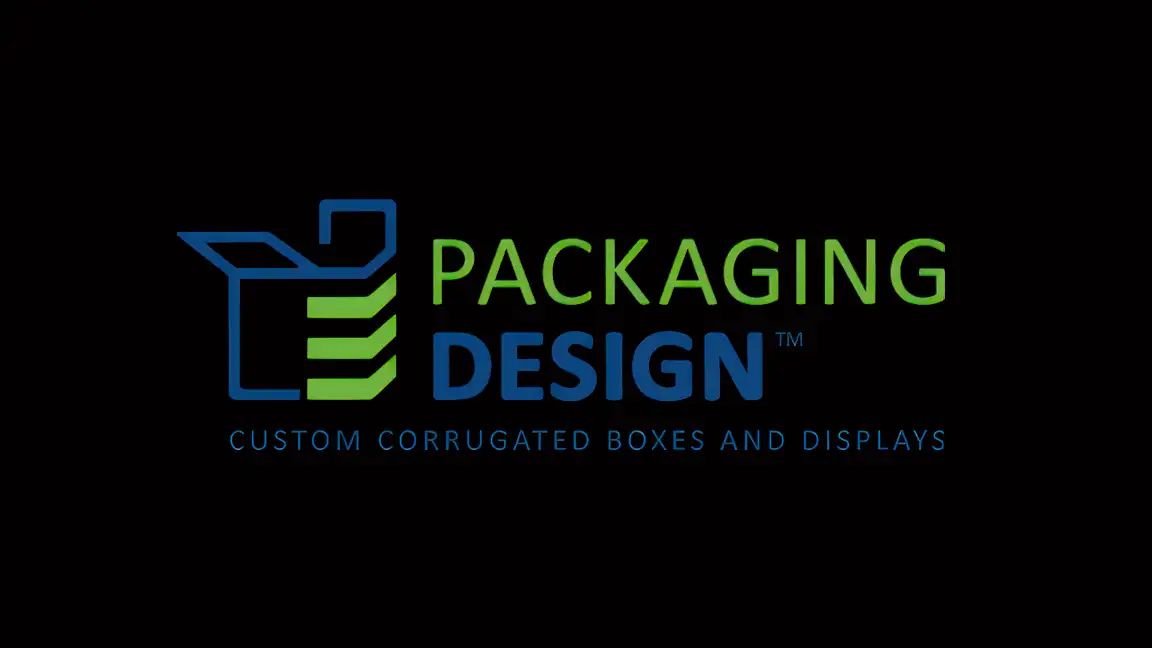 A logo with a blue and green open box icon on the left, next to the text "PACKAGING DESIGN" in green and blue. Below, in blue text, it says "Custom Corrugated Boxes and Displays" on a black background. Perfect for your next subscription box project or any packaging needs.